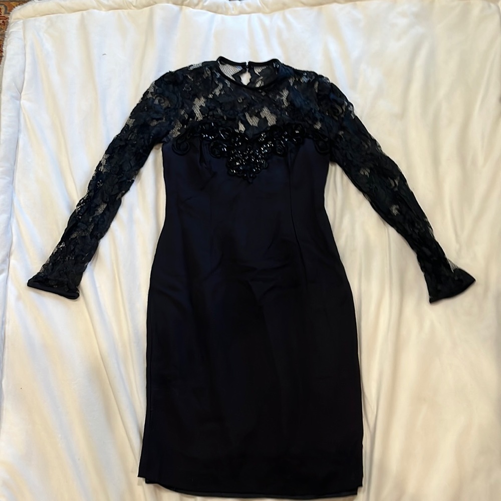 Vintage, Jessica McClintock, black dress with lace neckline and sleeves
